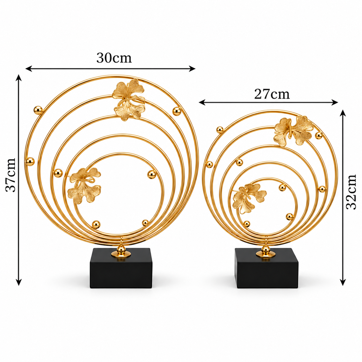 Golden Floral Circular Metal Showpiece Set of 2 with Black Base