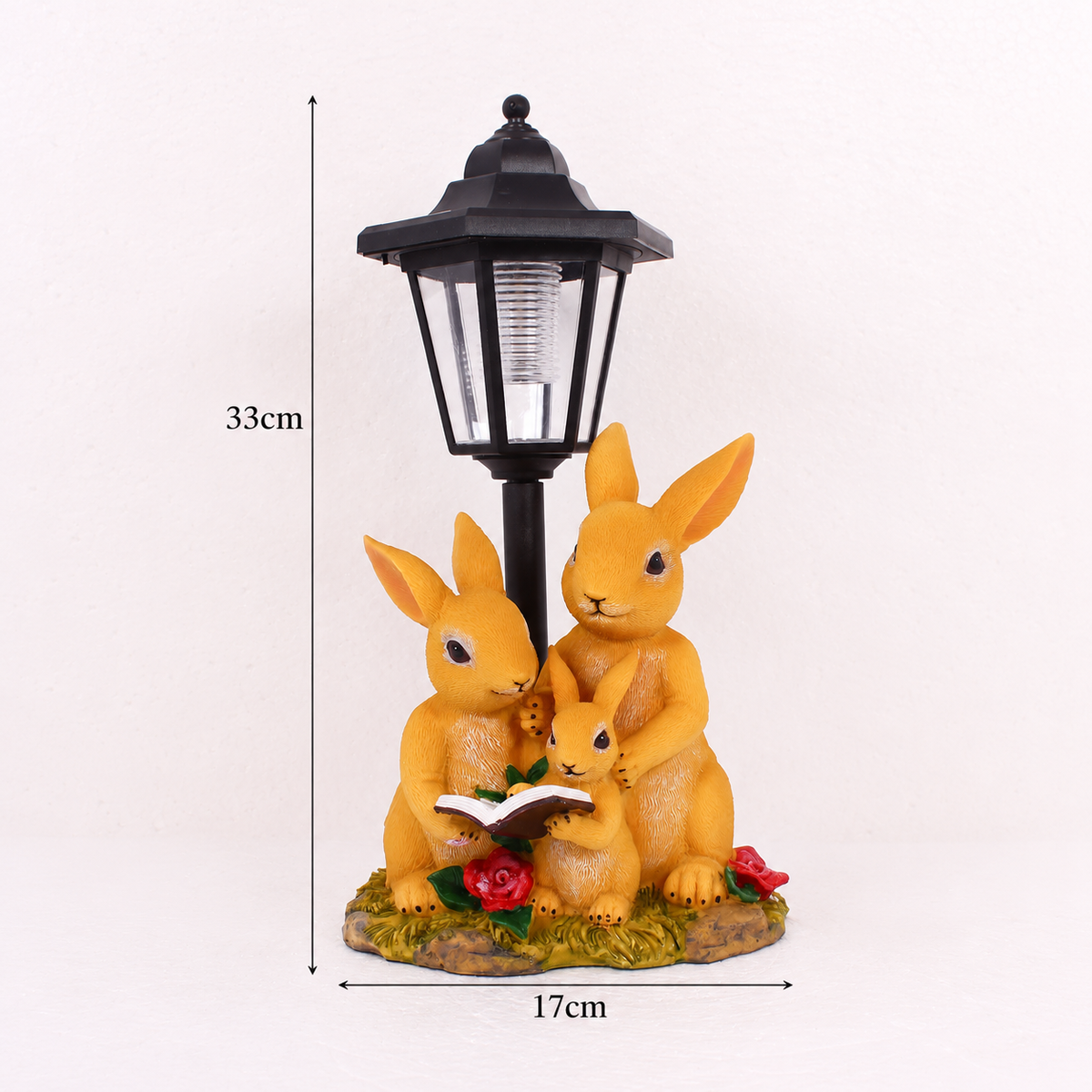 Rabbit Family Storytime Sculpture with Floral Base & Lantern – Polyresin Sensor Night-Light