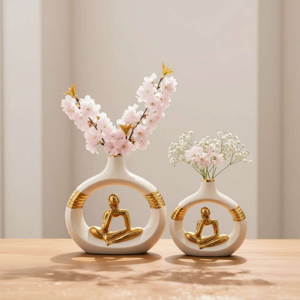 Thinker Sculpture Vase Set – White & Gold