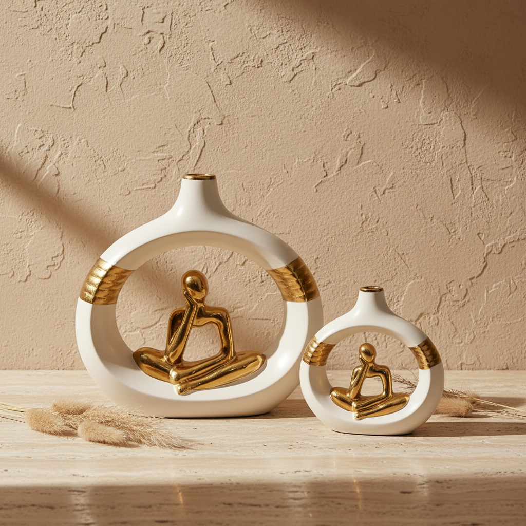 Thinker Sculpture Vase Set – White & Gold