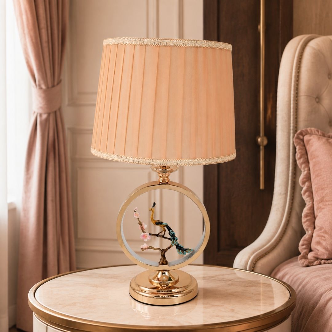 Peacock Table Lamp with Gold Frame