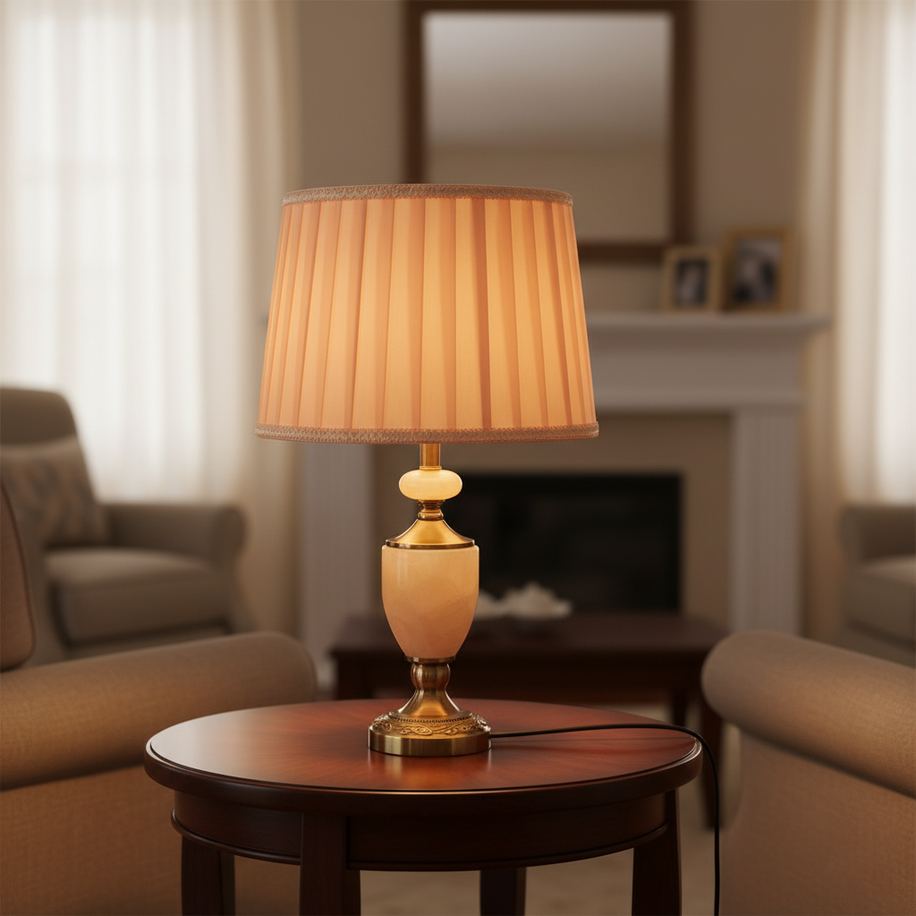 Antique Brass Table Lamp with Pleated Shade