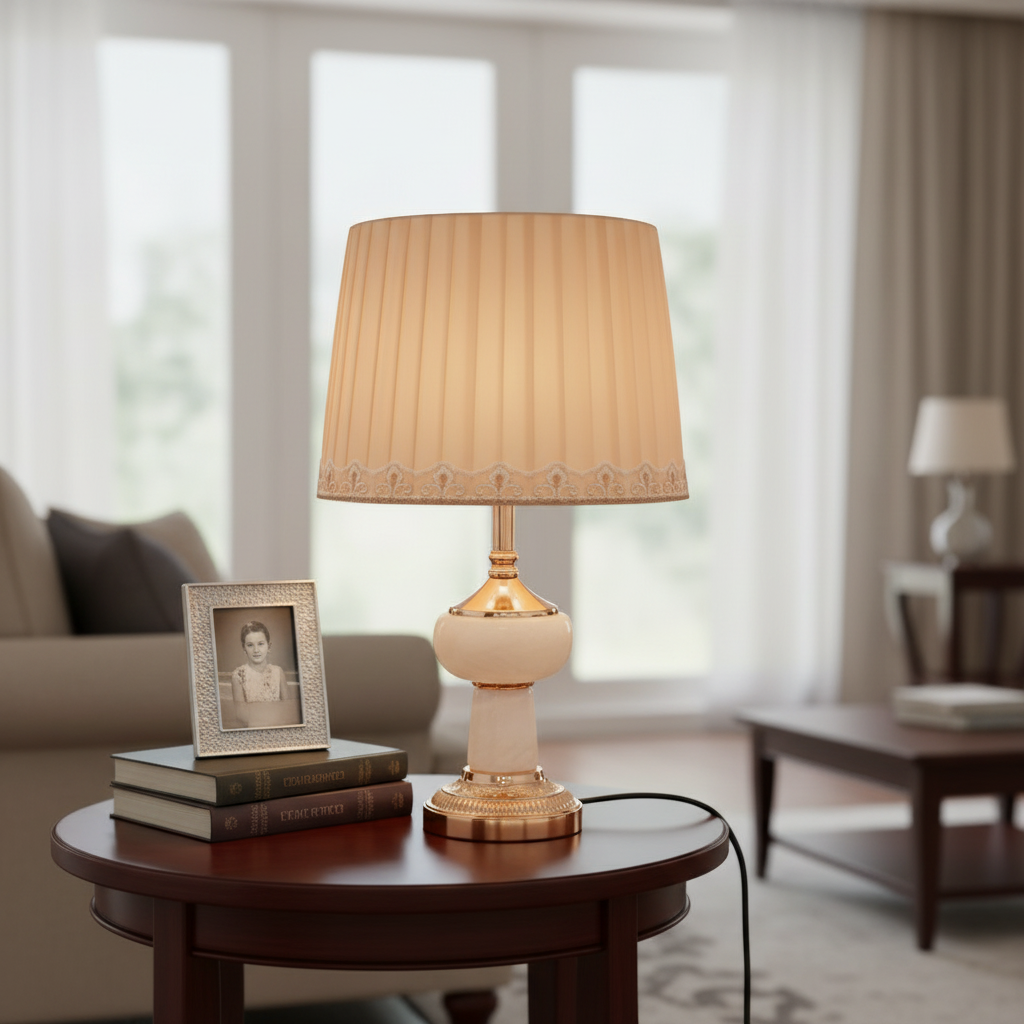 European Table Lamp with Satin Shade & Alabaster Base