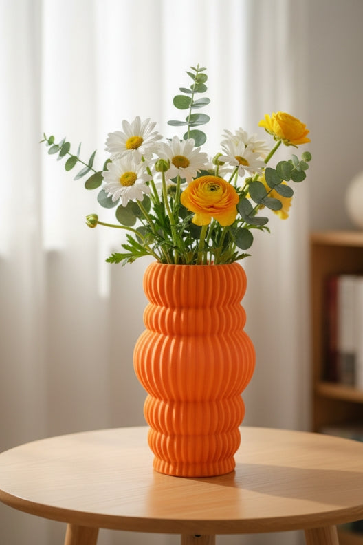 Modern Ribbed Orange Ceramic Vases – Set of 3
