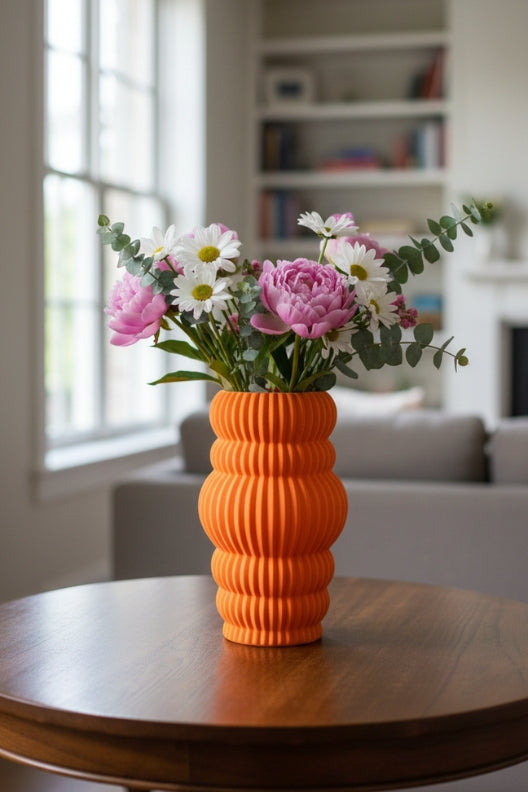 Modern Ribbed Orange Ceramic Vases – Set of 3