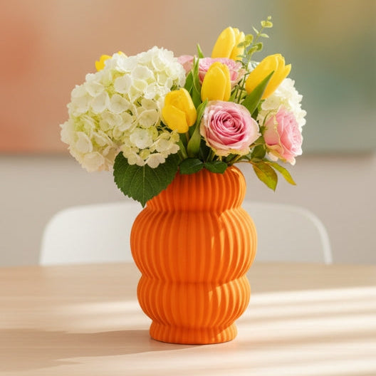 Modern Ribbed Orange Ceramic Vases – Set of 3