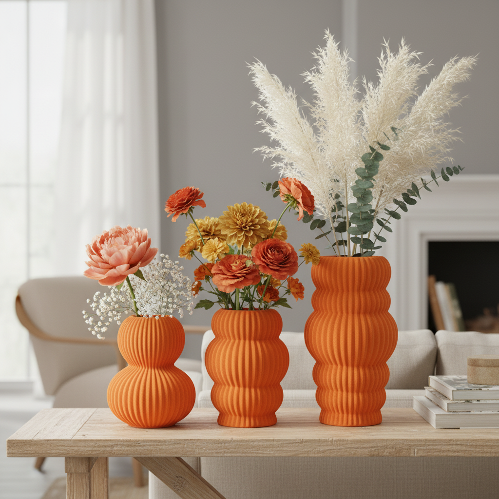 Modern Ribbed Orange Ceramic Vases – Set of 3
