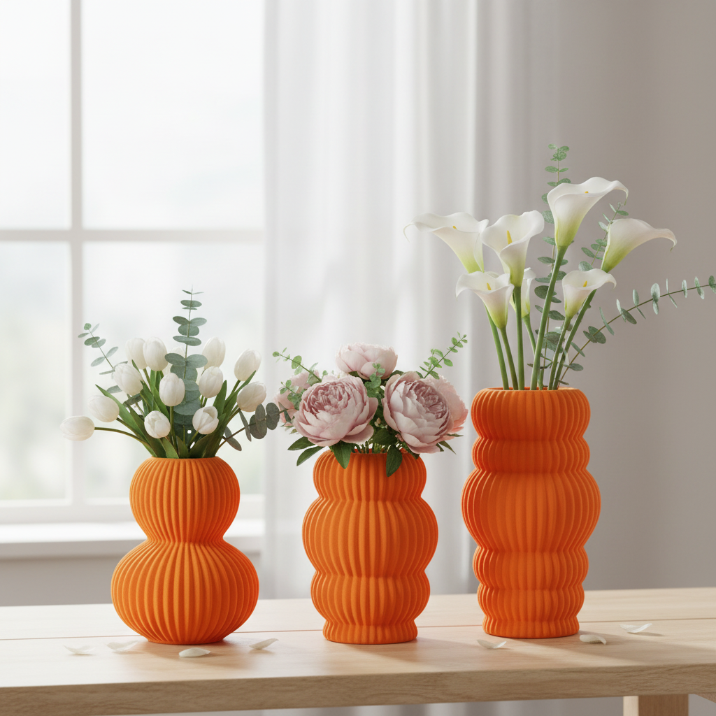 Modern Ribbed Orange Ceramic Vases – Set of 3
