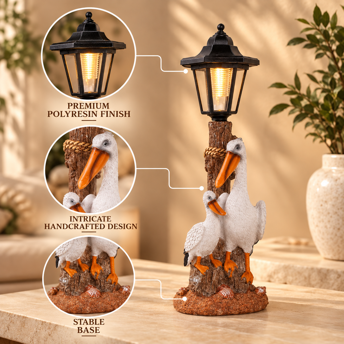 Coastal Pelican Family Sculpture with Rustic Lantern Showpiece