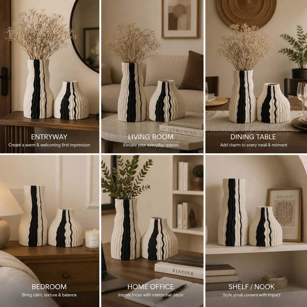 Modern Ribbed Ceramic Vase Set with Black Accent