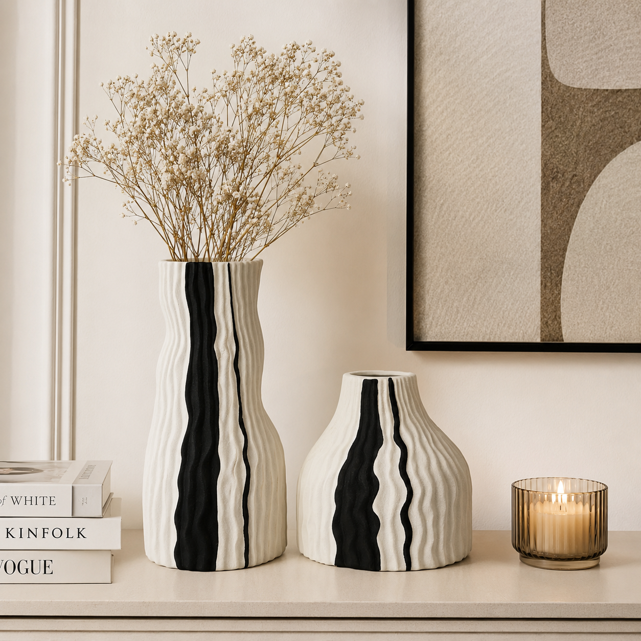 Modern Ribbed Ceramic Vase Set with Black Accent