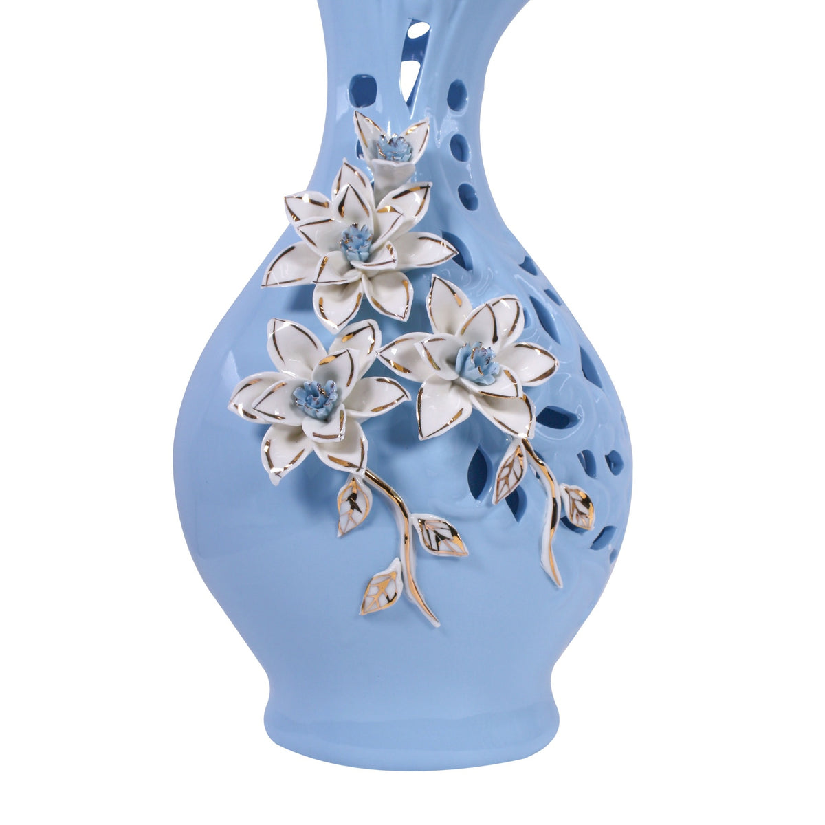 Azure Blossom Blue Ceramic Vase with Sculpted Floral Cutwork Design