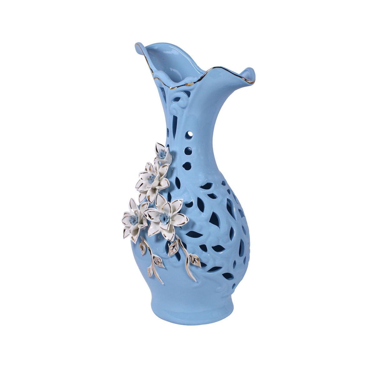 Azure Blossom Blue Ceramic Vase with Sculpted Floral Cutwork Design