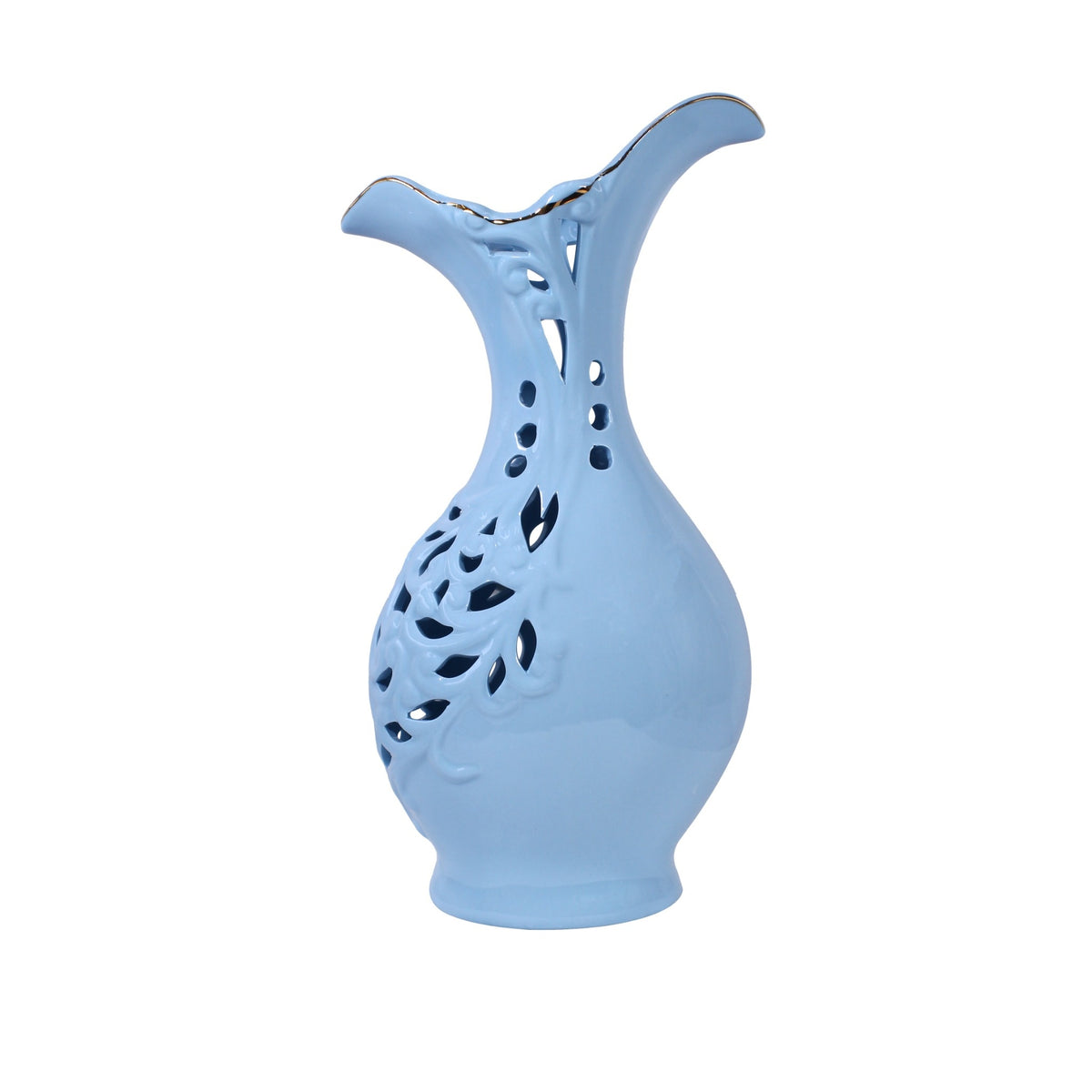 Azure Blossom Blue Ceramic Vase with Sculpted Floral Cutwork Design