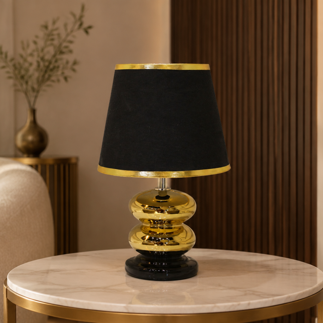 Black & Gold Table Lamp with Golden Strap Shade