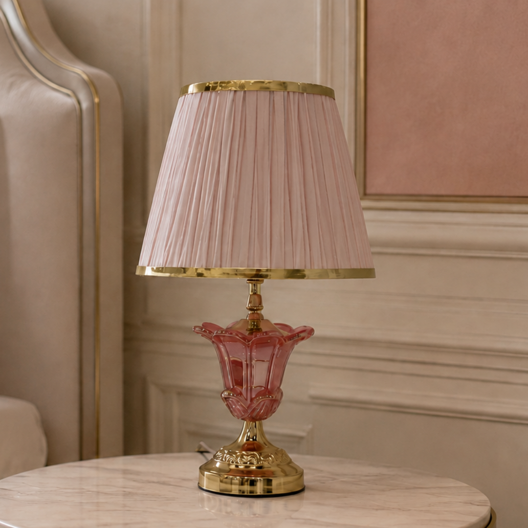 Elare Pink Crystal Table Lamp with Pleated Fabric Shade