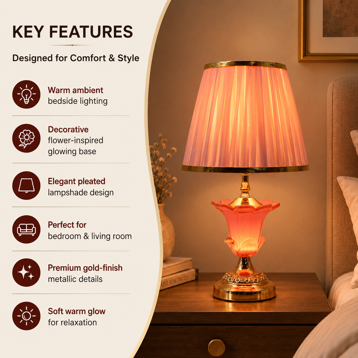 Elare Pink Crystal Table Lamp with Pleated Fabric Shade