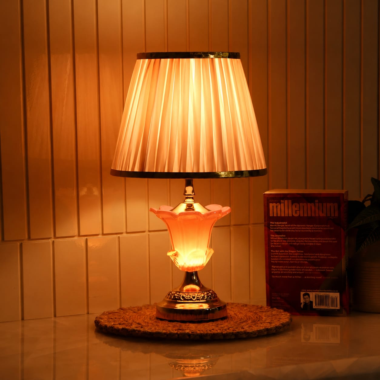 Elare Pink Crystal Table Lamp with Pleated Fabric Shade