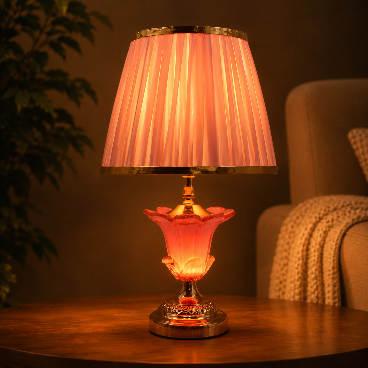 Elare Pink Crystal Table Lamp with Pleated Fabric Shade