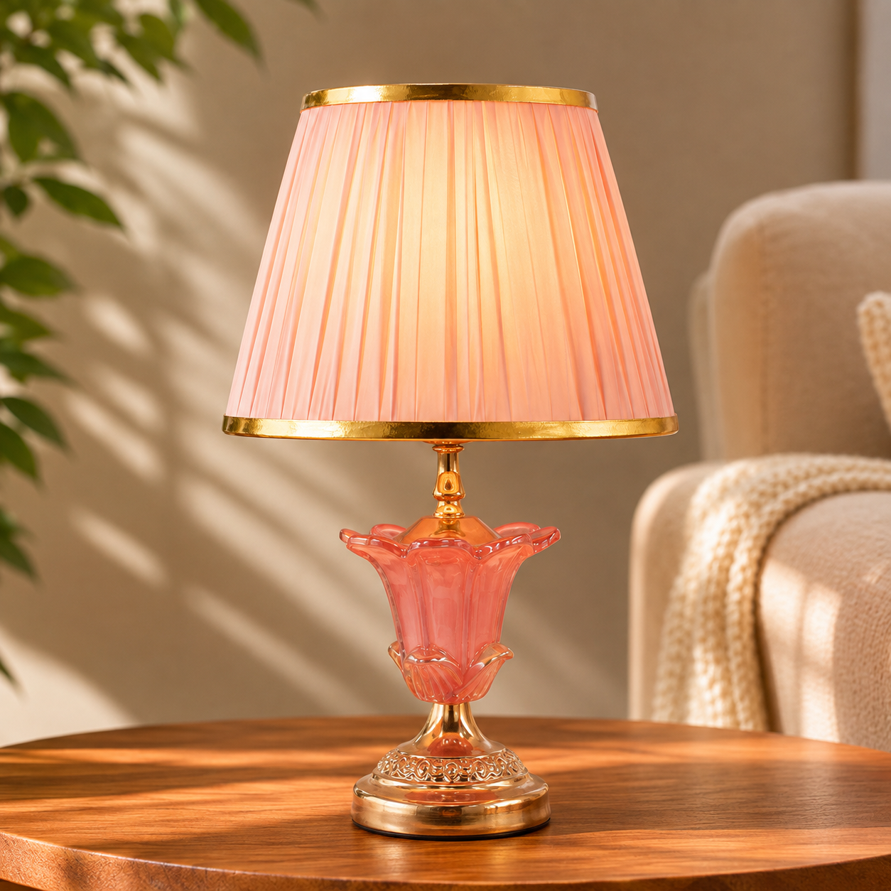Elare Pink Crystal Table Lamp with Pleated Fabric Shade
