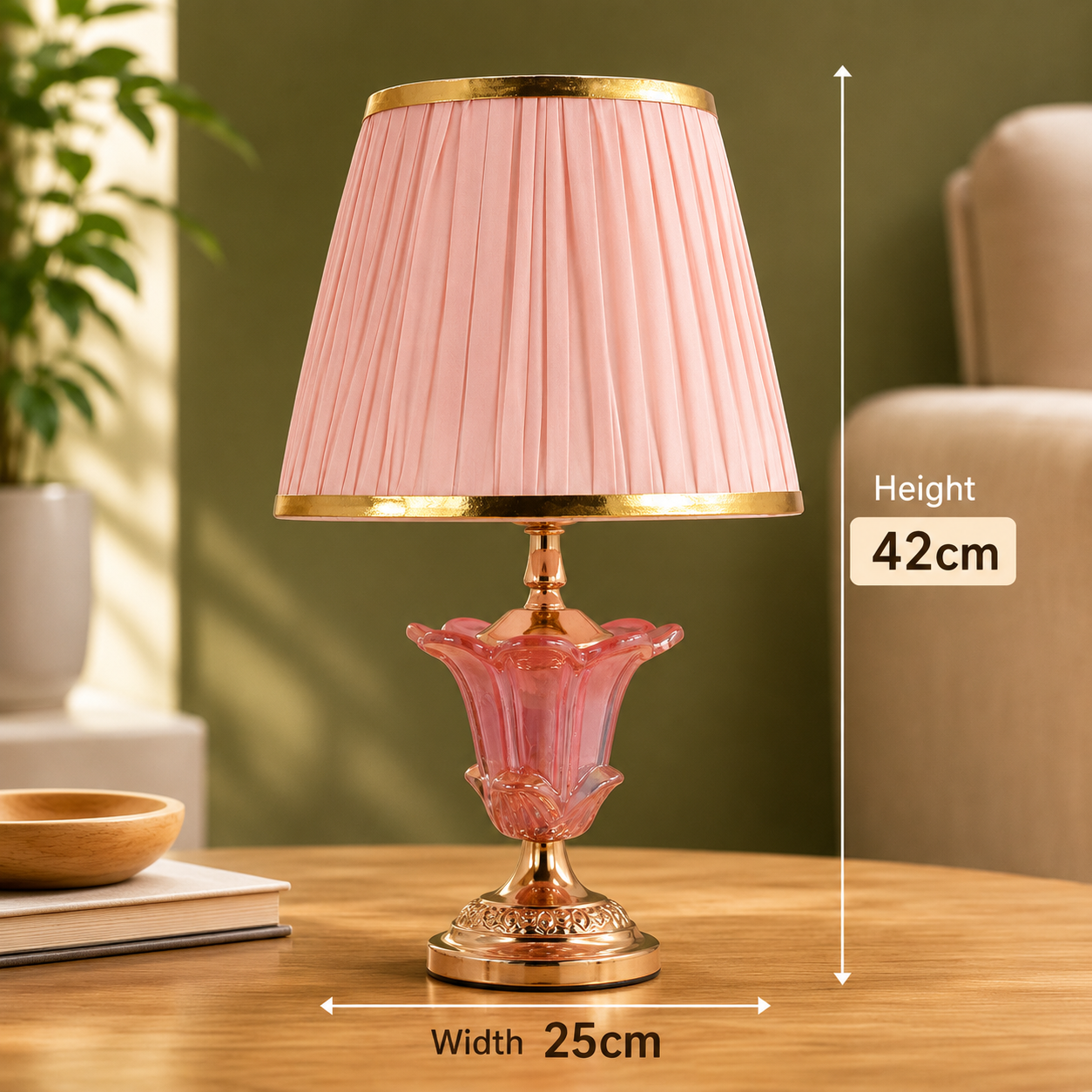 Elare Pink Crystal Table Lamp with Pleated Fabric Shade