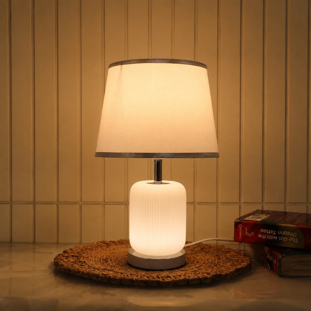 Elare Modern White Ribbed Table Lamp with Grey Fabric Shade