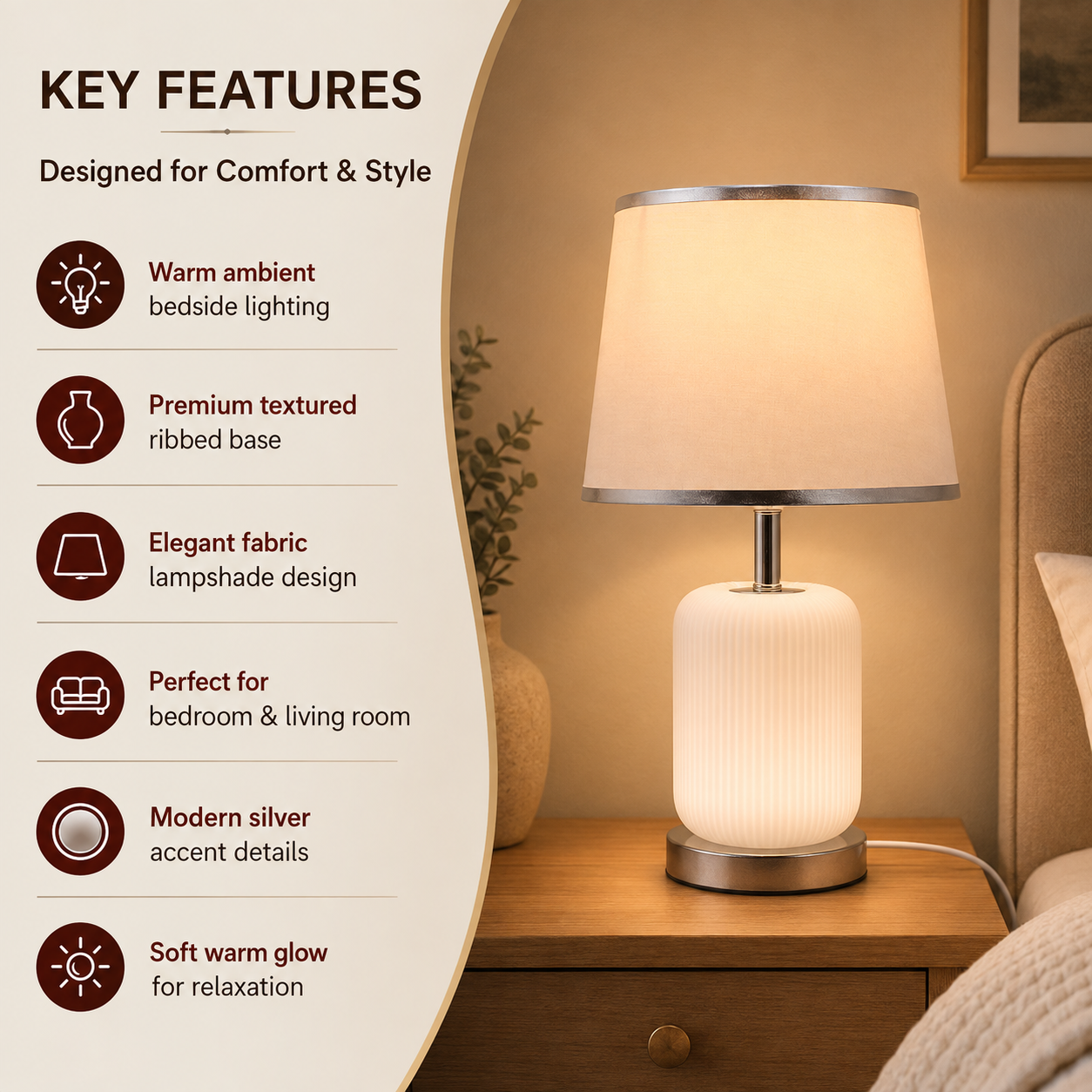 Elare Modern White Ribbed Table Lamp with Grey Fabric Shade
