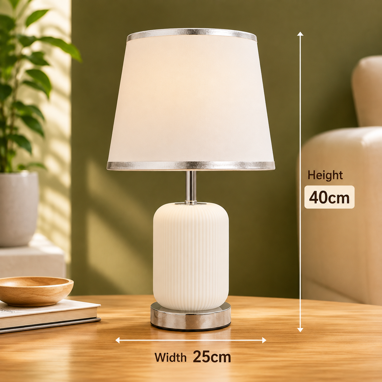 Elare Modern White Ribbed Table Lamp with Grey Fabric Shade