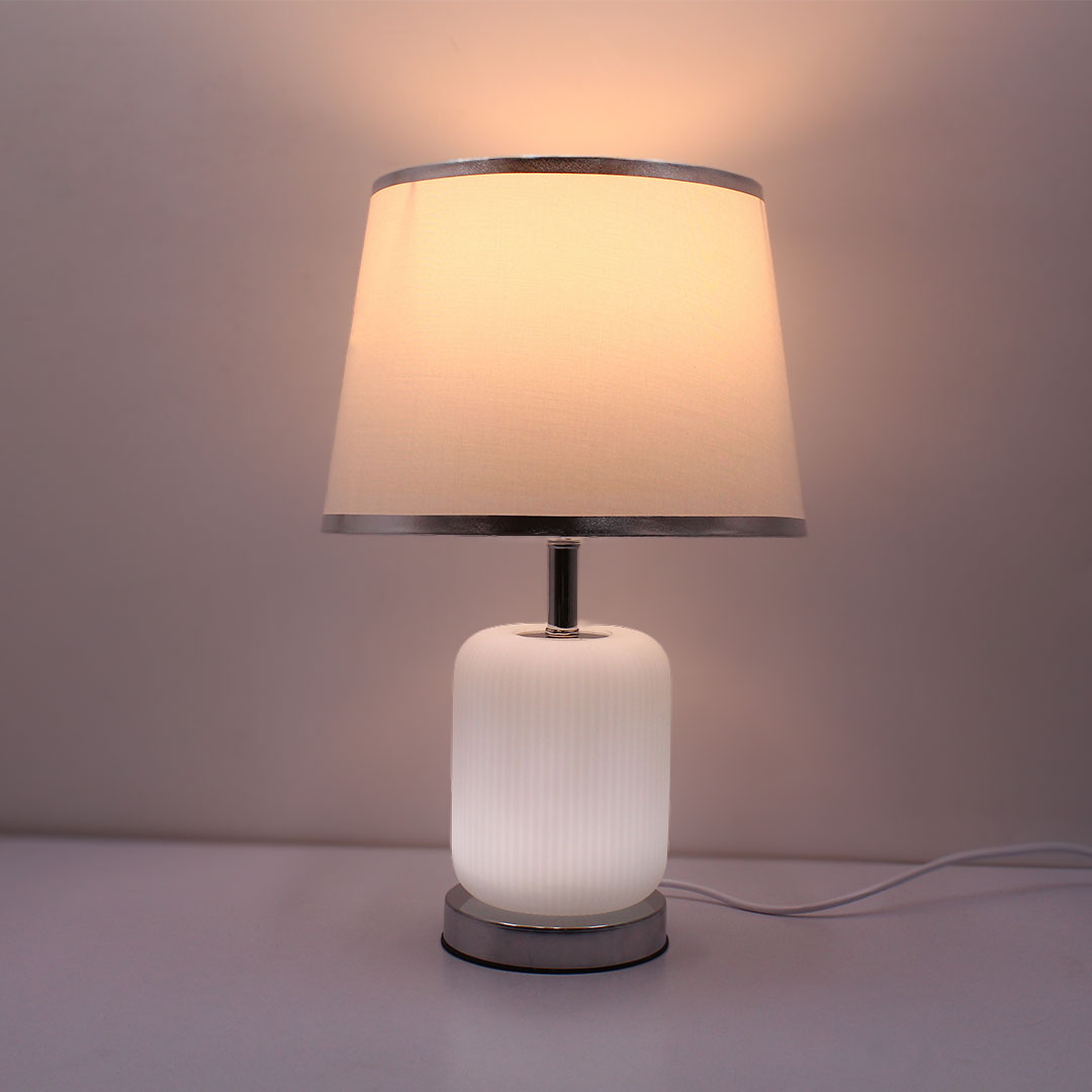 Elare Modern White Ribbed Table Lamp with Grey Fabric Shade