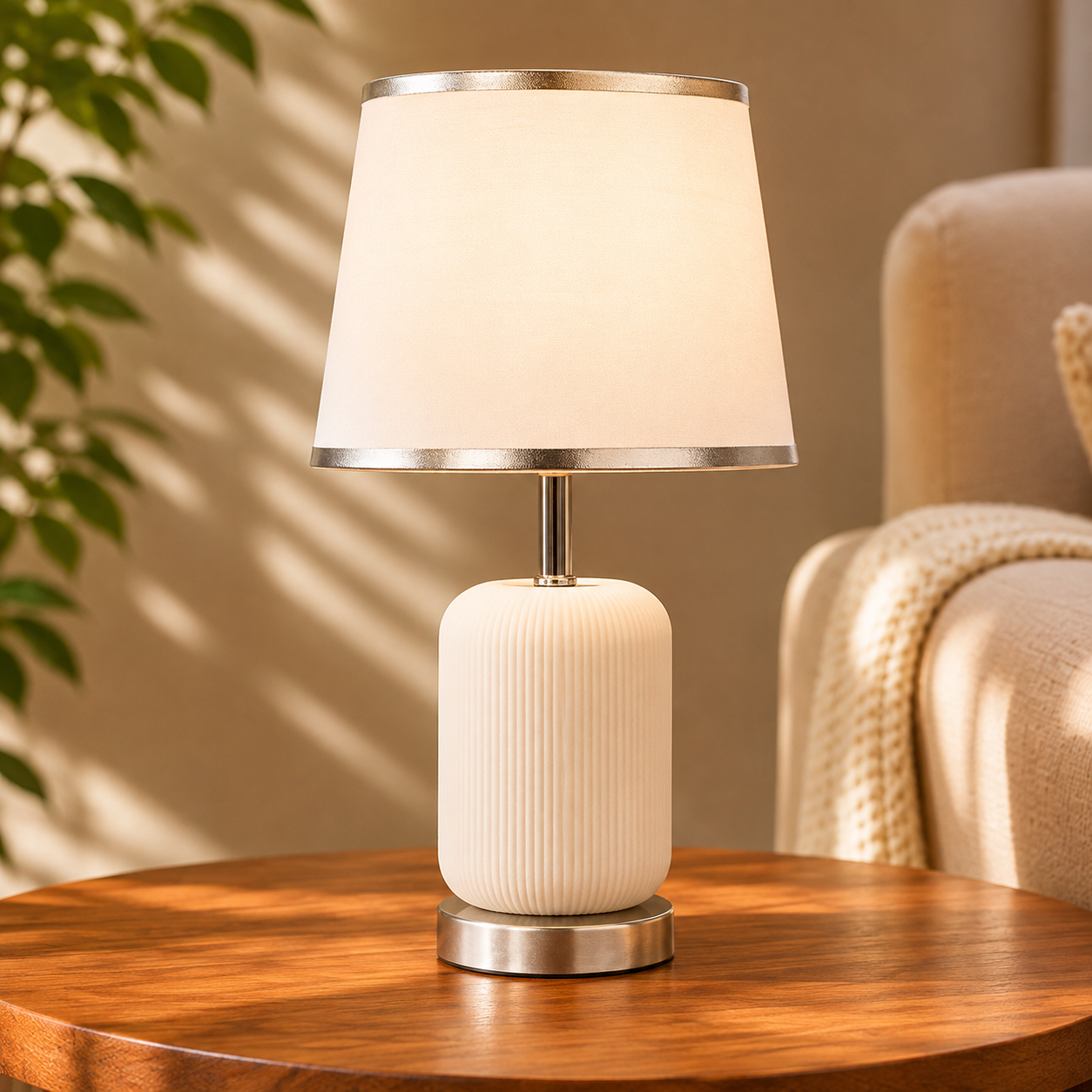Elare Modern White Ribbed Table Lamp with Grey Fabric Shade