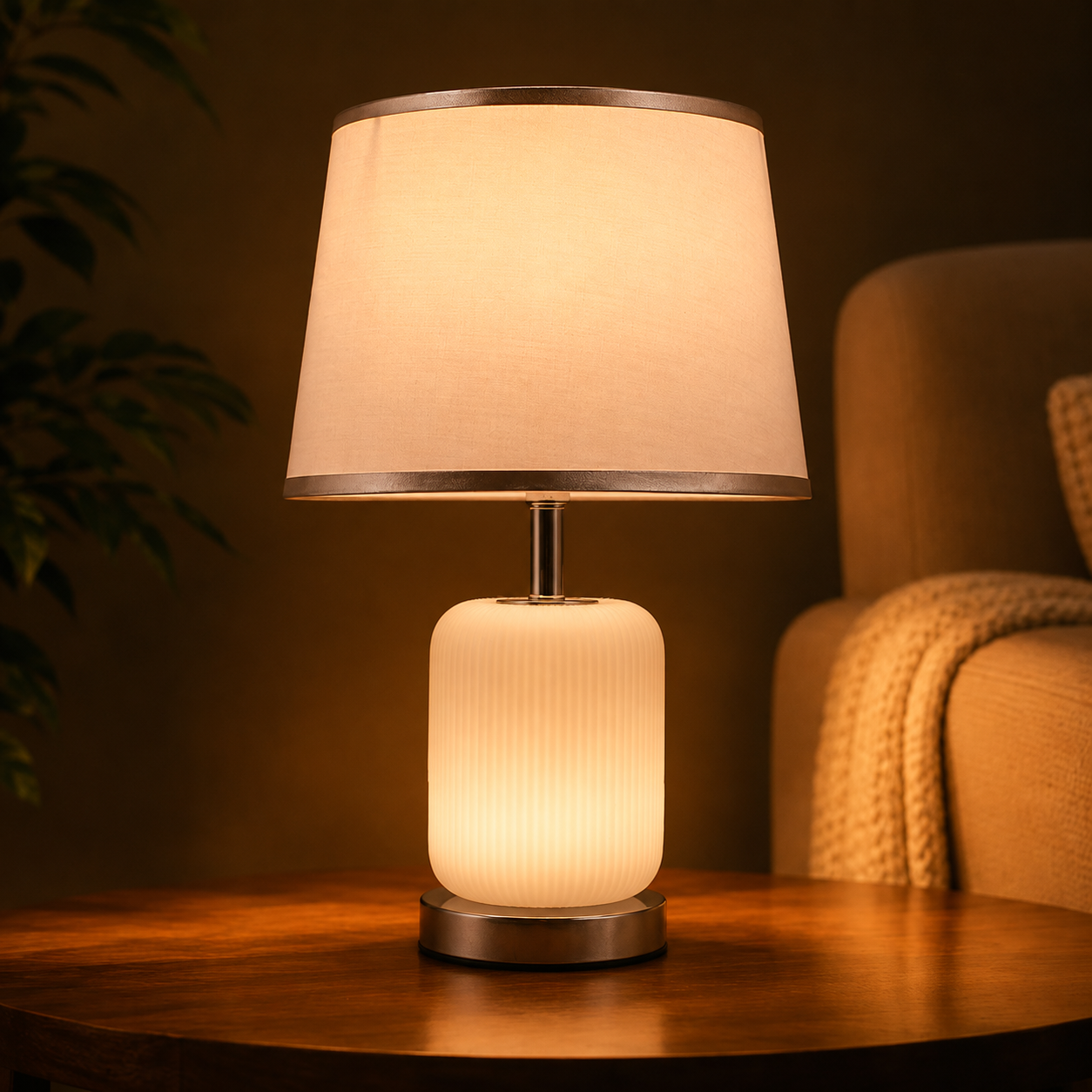 Elare Modern White Ribbed Table Lamp with Grey Fabric Shade