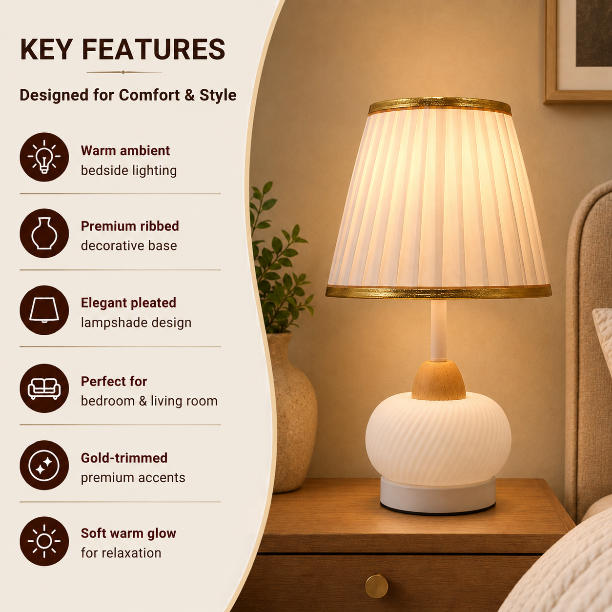 Elare Modern White Decorative Table Lamp with Pleated Fabric Shade
