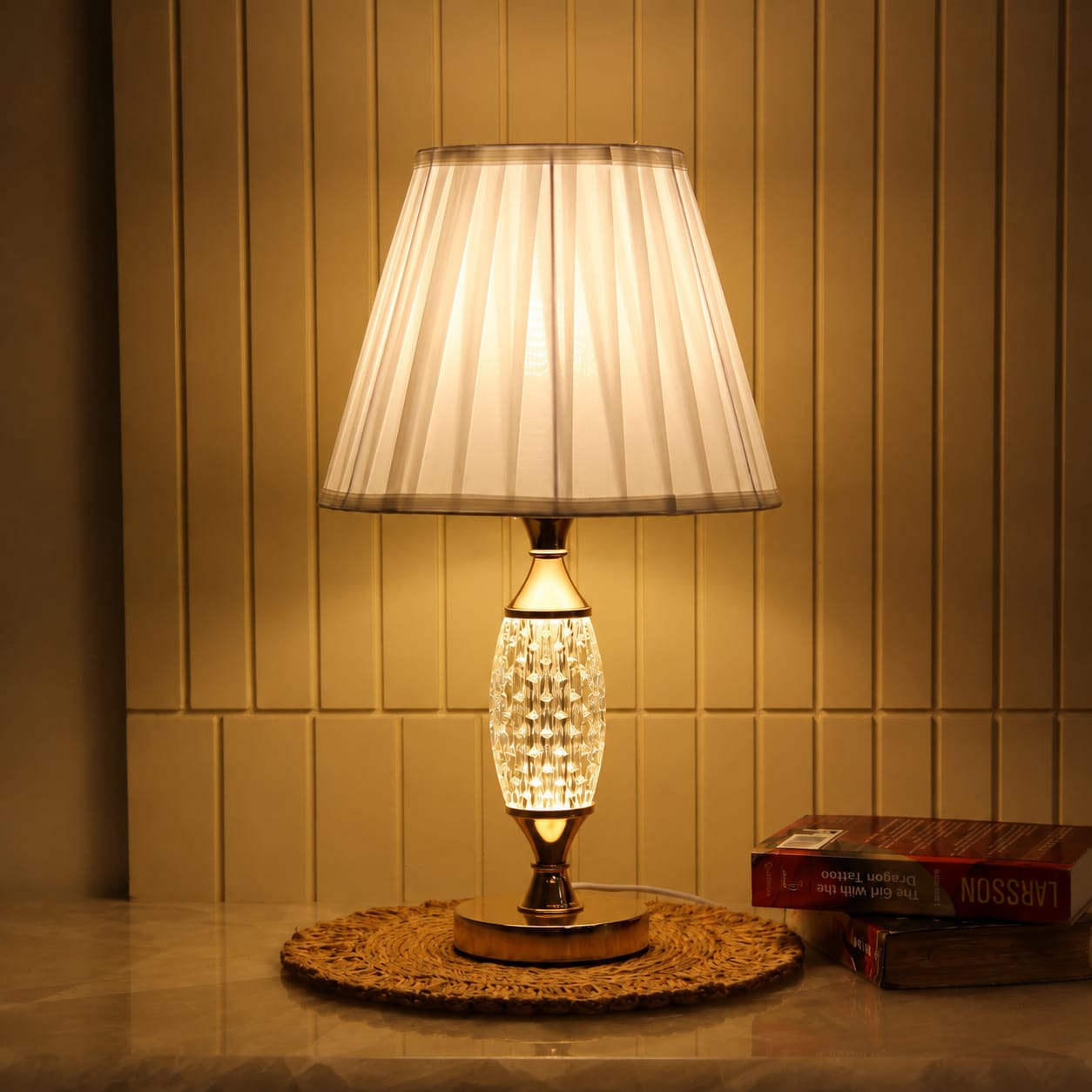 Elare Luxury Crystal Table Lamp with Pleated Fabric Shade