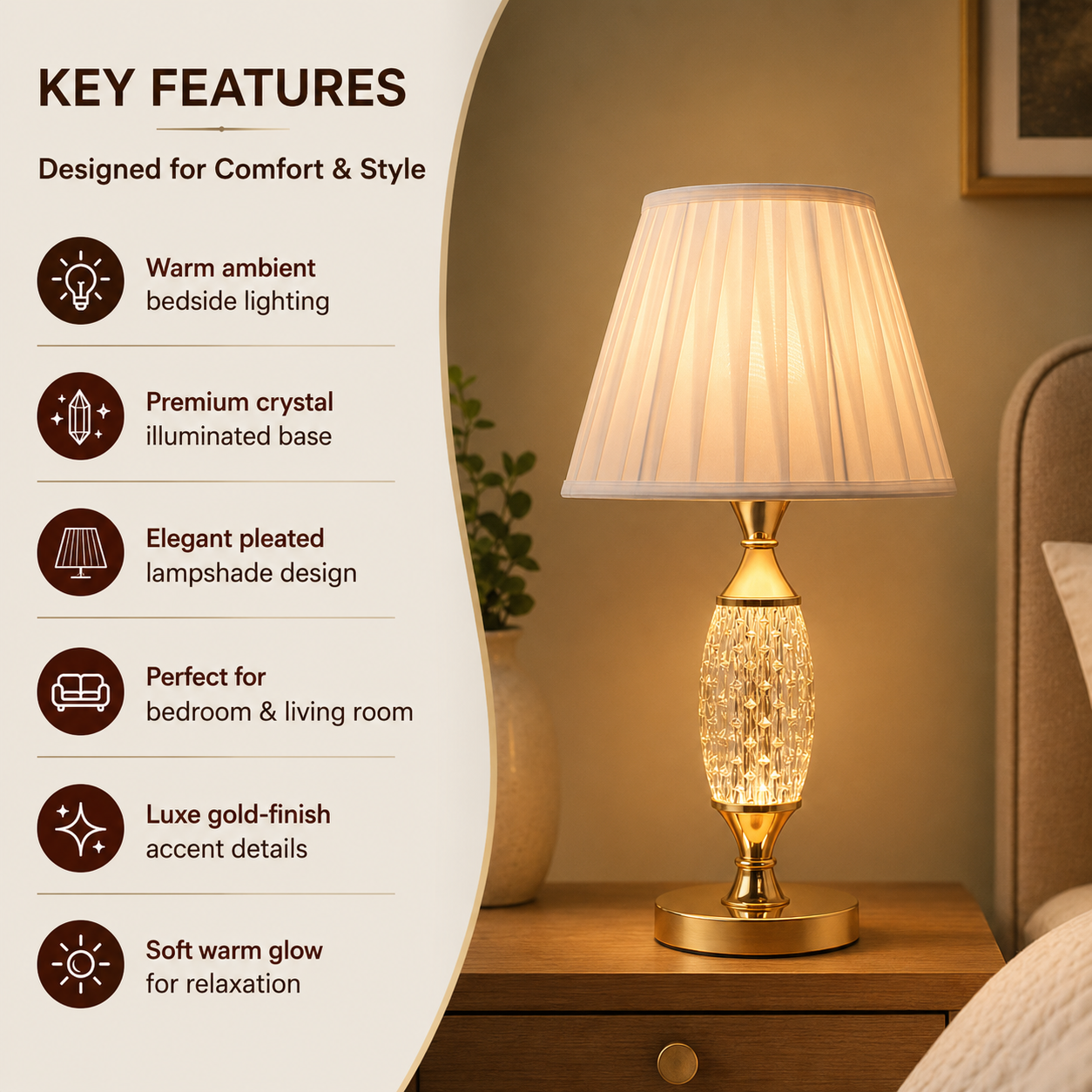 Elare Luxury Crystal Table Lamp with Pleated Fabric Shade