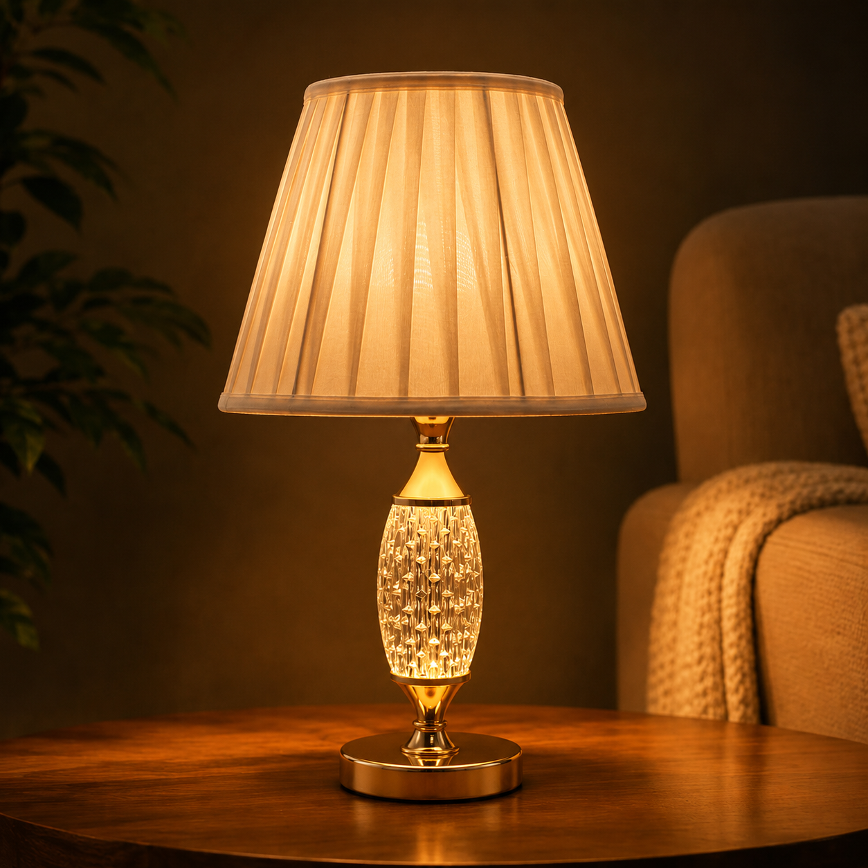Elare Luxury Crystal Table Lamp with Pleated Fabric Shade