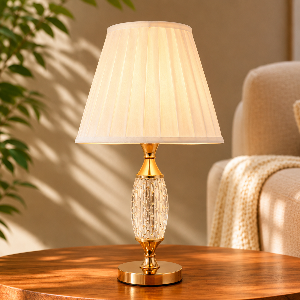 Elare Luxury Crystal Table Lamp with Pleated Fabric Shade