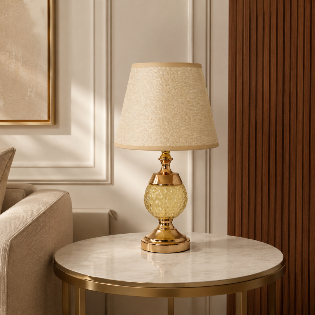 Gold Crystal Glass Table Lamp with Beige Fabric Shade, 44 cm Height