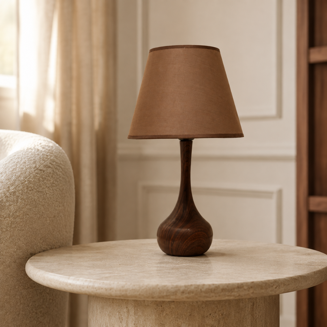 Brown Metalic Wooden Texture Table Lamp with Fabric Shade