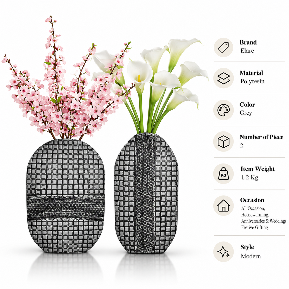Geometric Textured Polyresin Vases in Silver & Black
