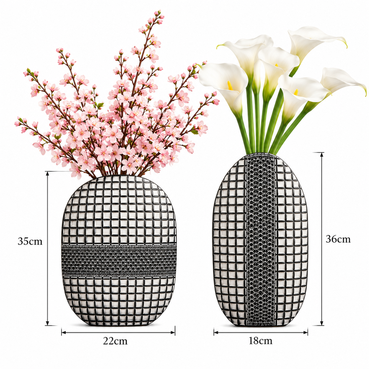 Geometric Textured Polyresin Vases in Silver & Black