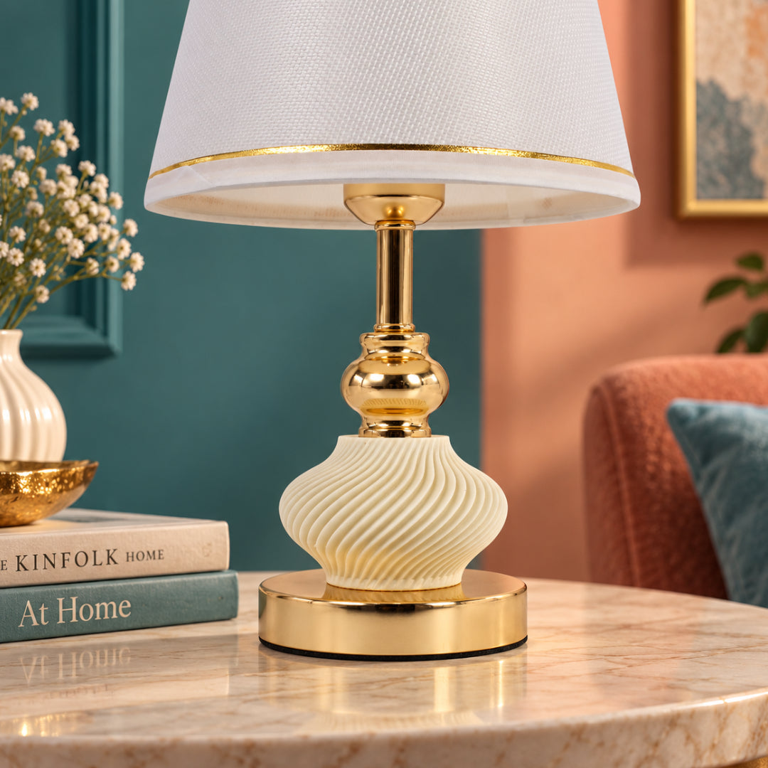 Ivory & Gold Ribbed Table Lamp with Fabric Shade – 36 cm