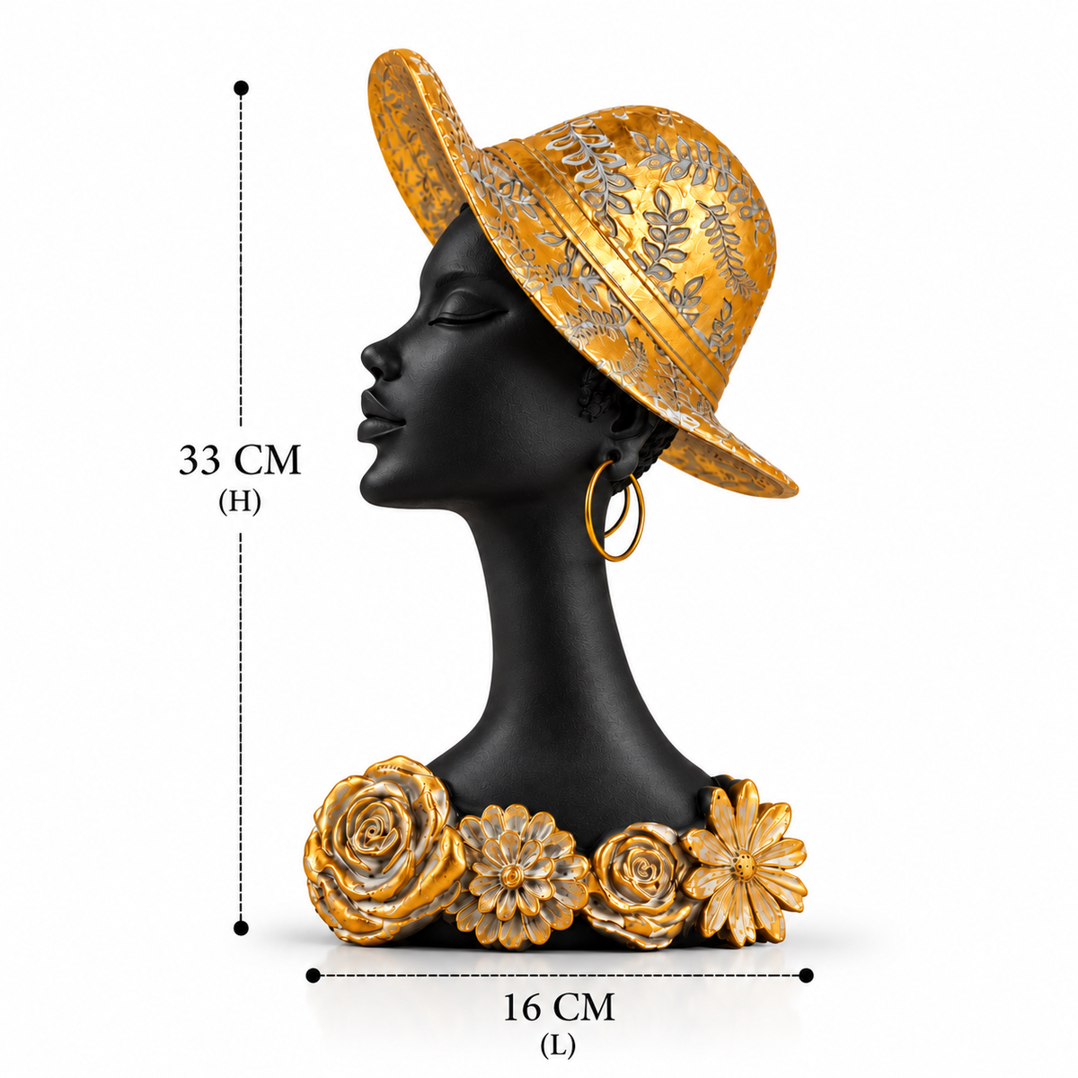 African Lady Showpiece with Golden Hat & Floral Design 33 cm Height