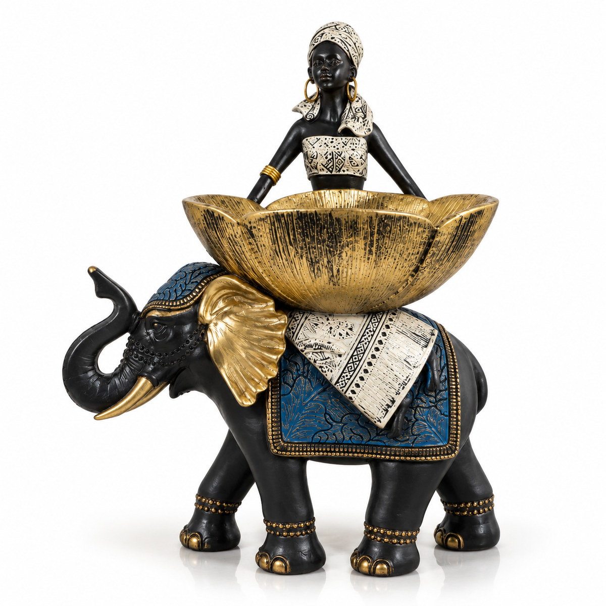 African Lady Elephant Showpiece with Golden Bowl