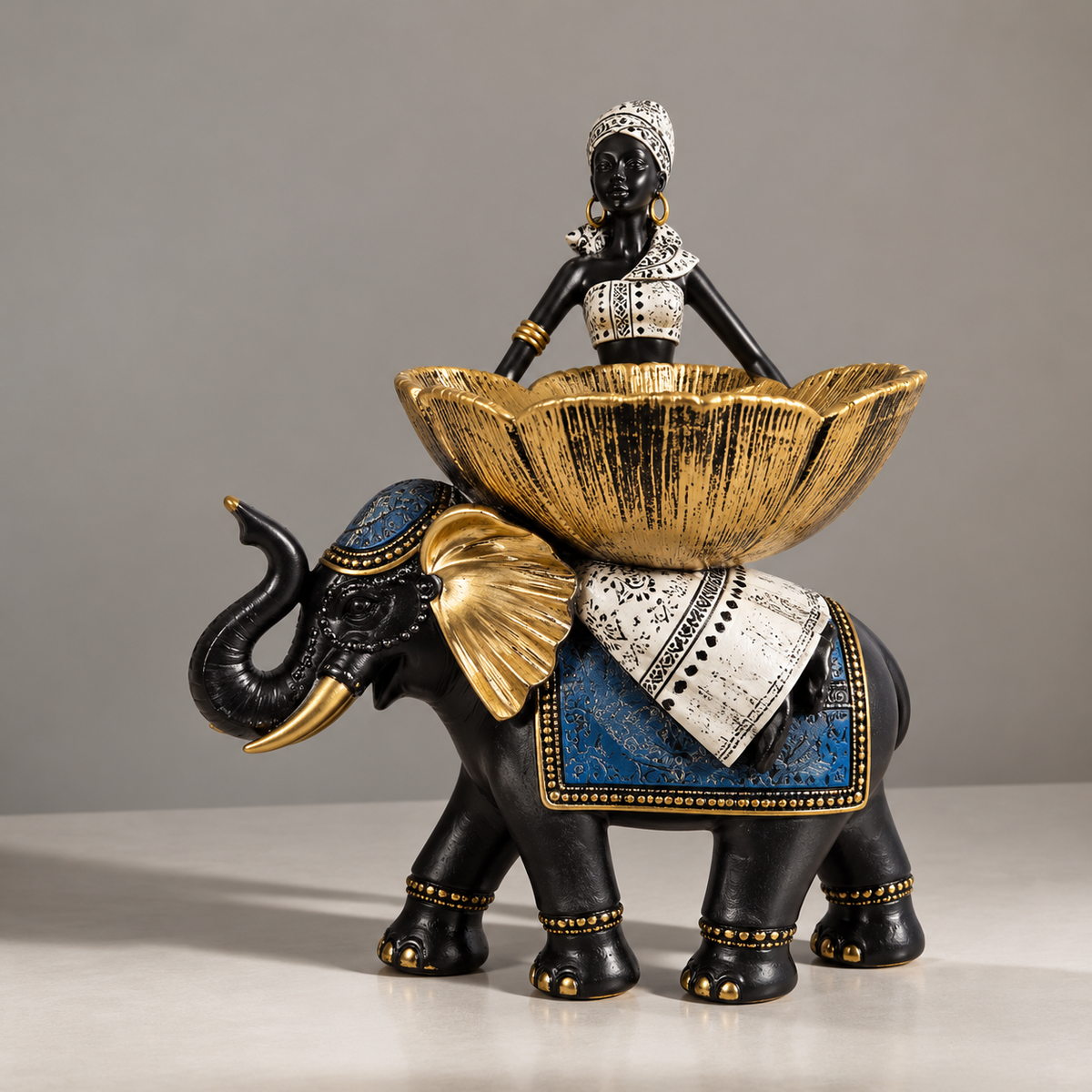 African Lady Elephant Showpiece 30cm with Golden Bowl