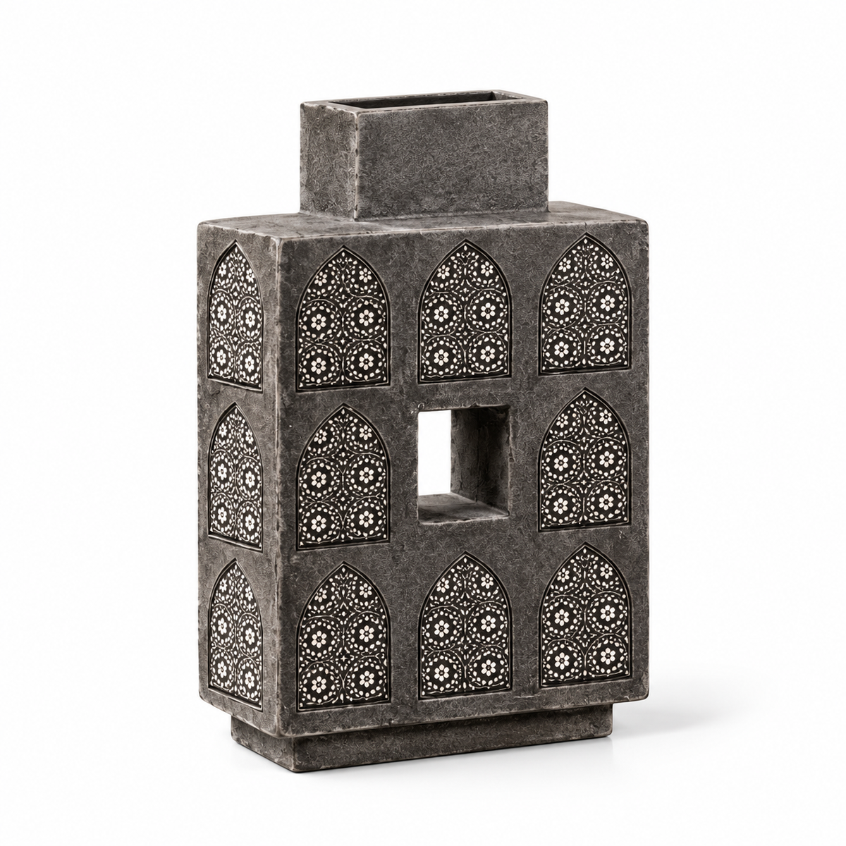 Architectural Jali-Design Polyresin Vase in Antique Silver