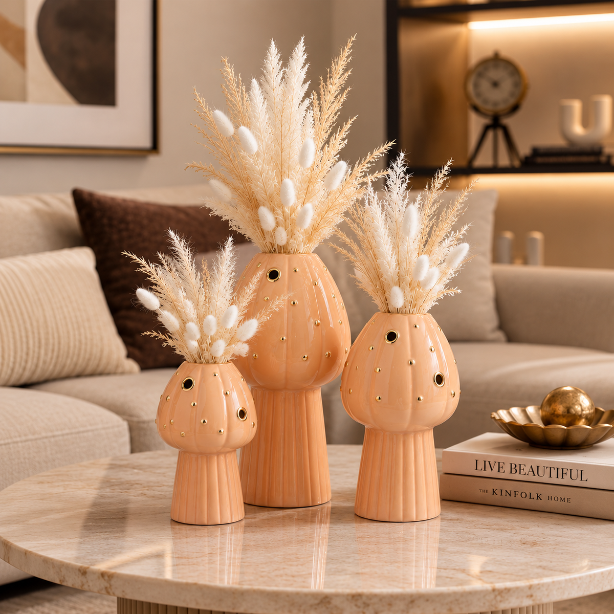 Peach & Gold Harmony Mushroom Ceramic Vase – Glossy Blush
