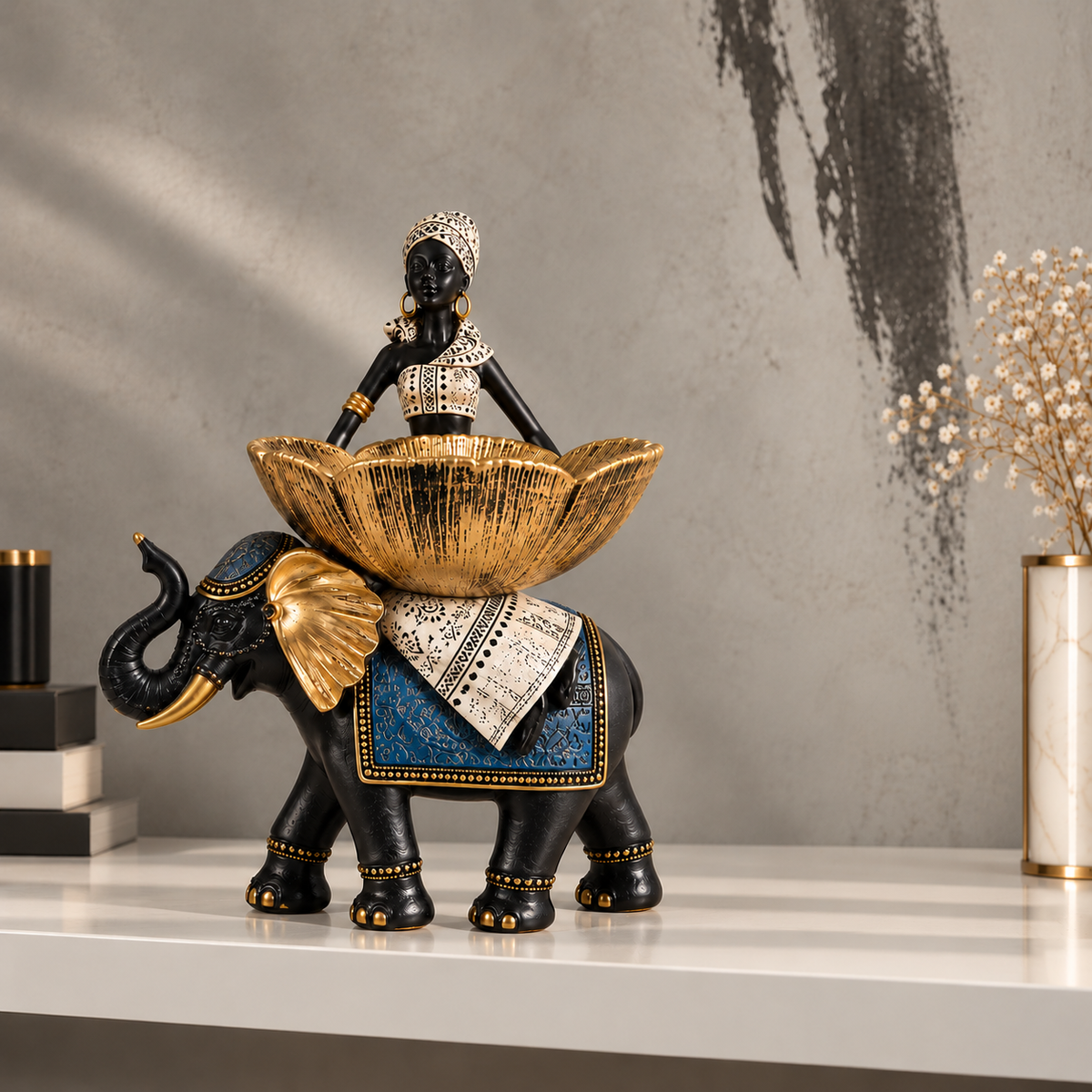 African Lady Elephant Showpiece 30cm with Golden Bowl