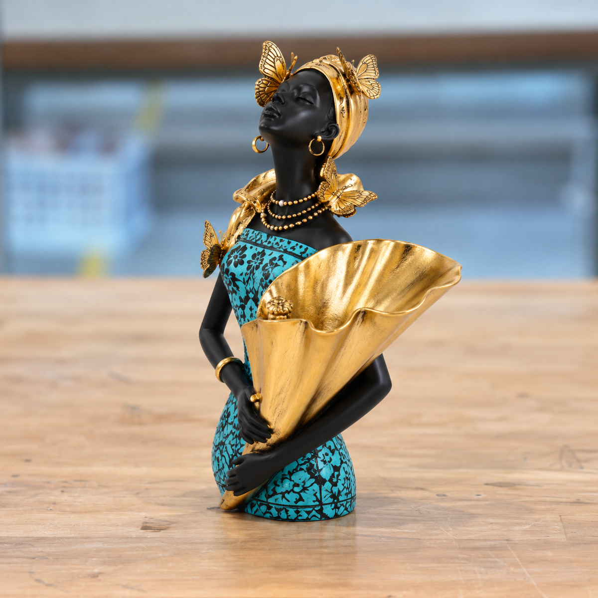 African Lady with Golden Flower Vase Showpiece