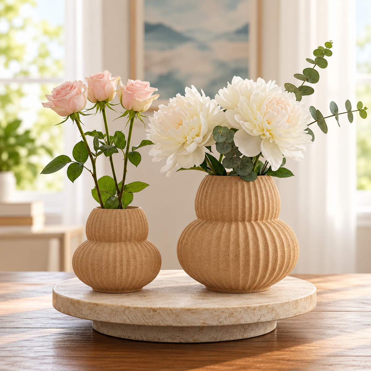Ribbed Curved Ceramic Vases in Warm Beige