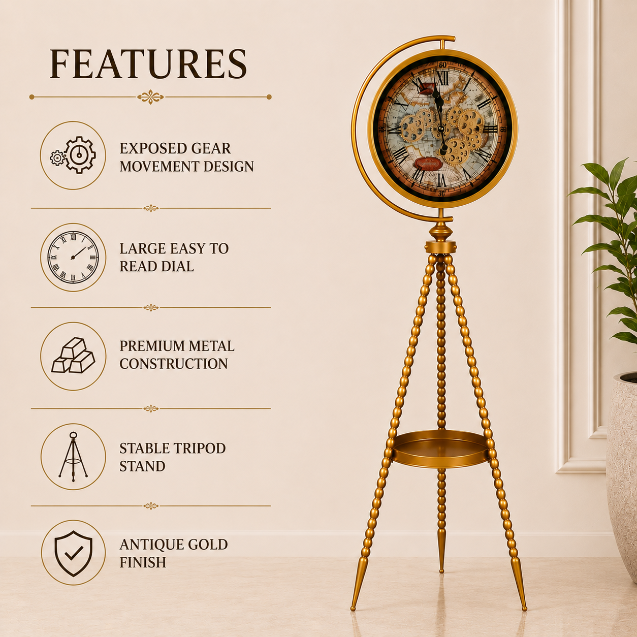 Vintage Gear Floor Clock with Tripod Stand – Antique Gold Finish